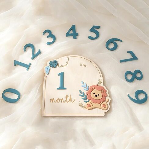 Wooden Lion Baby Monthly Milestone Markers Disc, Jungle Safari Milestone Sign, Wooden 3D Milestone Cards for Photos, 1-12 Months Interchangeable Monthly Milestone Sign in Kuwait