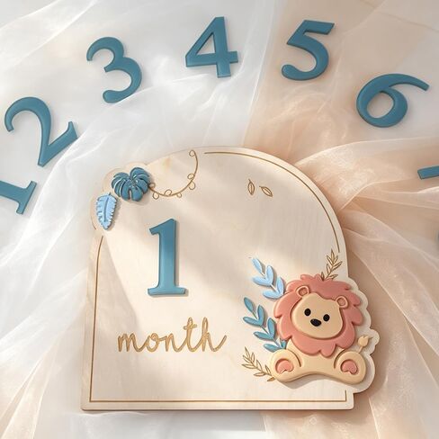Wooden Lion Baby Monthly Milestone Markers Disc, Jungle Safari Milestone Sign, Wooden 3D Milestone Cards for Photos, 1-12 Months Interchangeable Monthly Milestone Sign in Kuwait