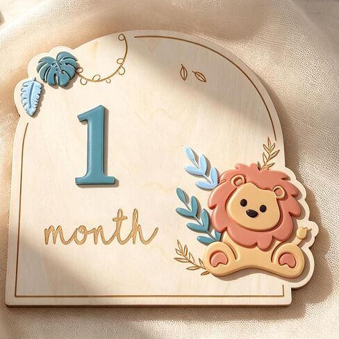 Wooden Lion Baby Monthly Milestone Markers Disc, Jungle Safari Milestone Sign, Wooden 3D Milestone Cards for Photos, 1-12 Months Interchangeable Monthly Milestone Sign in Kuwait