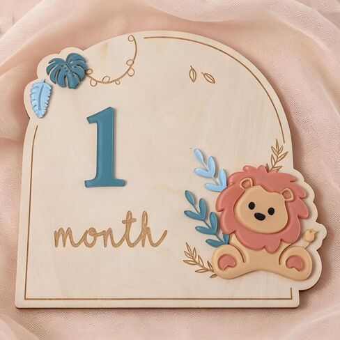 Wooden Lion Baby Monthly Milestone Markers Disc, Jungle Safari Milestone Sign, Wooden 3D Milestone Cards for Photos, 1-12 Months Interchangeable Monthly Milestone Sign in Kuwait