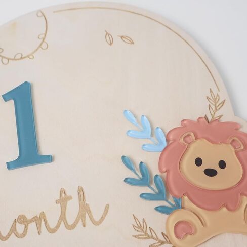 Wooden Lion Baby Monthly Milestone Markers Disc, Jungle Safari Milestone Sign, Wooden 3D Milestone Cards for Photos, 1-12 Months Interchangeable Monthly Milestone Sign in Kuwait