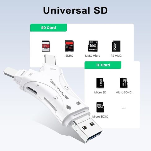 4 in 1 SD Card Reader, Universal Memory Card Adapter with USB, Type-C, Micro USB Connectors, Supports SD, SDHC, Micro SD, TF Cards (Snow White) in Saudi Arabia