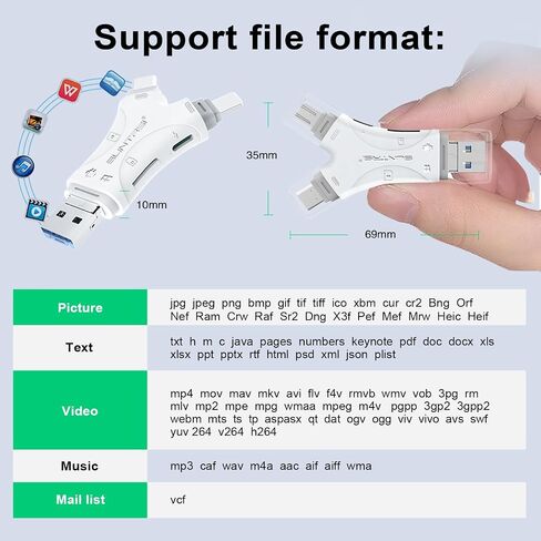 4 in 1 SD Card Reader, Universal Memory Card Adapter with USB, Type-C, Micro USB Connectors, Supports SD, SDHC, Micro SD, TF Cards (Snow White) in Saudi Arabia