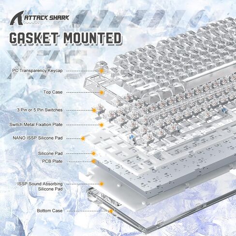ATTACK SHARK X75 PRO PC Transparent Wireless Hot Swappable Mechanical Keyboard with 2.4G/Bluetooth/Wired Coiled Cable,Acrylic Wirst Rest,Gasket Mounted,for Windows/Mac(Kailh MX Switches) in Kuwait