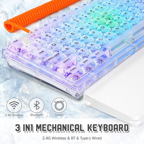 ATTACK SHARK X75 PRO PC Transparent Wireless Hot Swappable Mechanical Keyboard with 2.4G/Bluetooth/Wired Coiled Cable,Acrylic Wirst Rest,Gasket Mounted,for Windows/Mac(Kailh MX Switches) in Kuwait