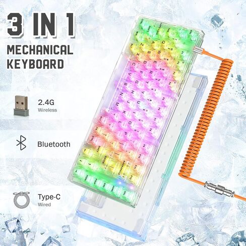 ATTACK SHARK X75 PRO PC Transparent Wireless Hot Swappable Mechanical Keyboard with 2.4G/Bluetooth/Wired Coiled Cable,Acrylic Wirst Rest,Gasket Mounted,for Windows/Mac(Kailh MX Switches) in Kuwait