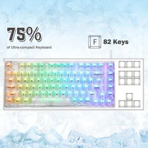 ATTACK SHARK X75 PRO PC Transparent Wireless Hot Swappable Mechanical Keyboard with 2.4G/Bluetooth/Wired Coiled Cable,Acrylic Wirst Rest,Gasket Mounted,for Windows/Mac(Kailh MX Switches) in Kuwait