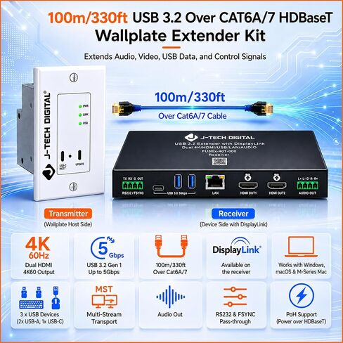 J-Tech Digital USB 3.2 Extender Over Ethernet HDBaseT Cat6A Wallplate Extender Kit Up to 330ft, USB-C Host, Dual 4K@60Hz HDMI Outputs, KVM, DisplayLink, RS232 & FSYNC Pass-Through [JTECH-U3EXW-DKIT] in Kuwait