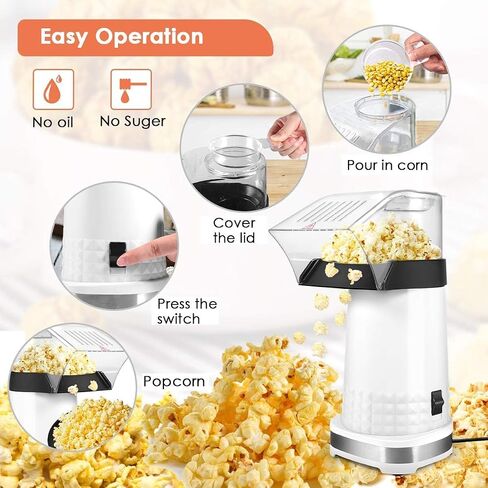 Popcorn Machine Hot Air Popper - 16-Cup Large Capacity Electric Popcorn Maker for Home Movie Night, 1200W Fast Popping Oil-Free Healthy Snack Maker for Kids & Party, White in Kuwait