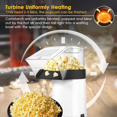 Popcorn Machine Hot Air Popper - 16-Cup Large Capacity Electric Popcorn Maker for Home Movie Night, 1200W Fast Popping Oil-Free Healthy Snack Maker for Kids & Party, White in Kuwait
