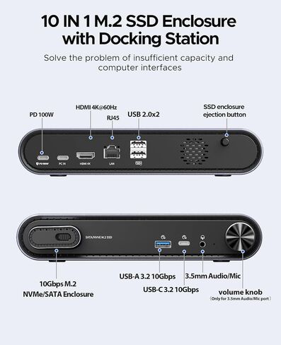 ORICO 10 in 1 USB-C Docking Station with M.2 NVMe/SATA SSD Enclosure, 10Gbps USB 3.2, 480Mbps USB 2.0, HDMI 4K@60Hz, 100W PD, RJ45 Ethernet, 3.5mm Audio with Volume Knob, for MacBook Pro/Air (PTM1) in Kuwait