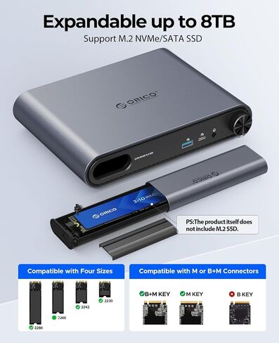 ORICO 10 in 1 USB-C Docking Station with M.2 NVMe/SATA SSD Enclosure, 10Gbps USB 3.2, 480Mbps USB 2.0, HDMI 4K@60Hz, 100W PD, RJ45 Ethernet, 3.5mm Audio with Volume Knob, for MacBook Pro/Air (PTM1) in Kuwait