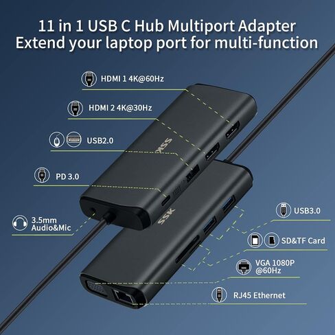 SSK 11 in 1 USB C Docking Station Type C Triple Display Multiport Adapter in Kuwait