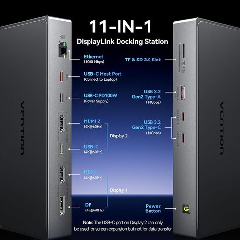 VENTION 11-in-1 DisplayLink Docking Station 3 Monitors with USB 3.2 A/C for MacBook/Dell/HP,USB C Laptop Docking Station Dual Monitor,4K@60Hz HDMI,DP,PD 100W, RJ45,SD/TF with USB-C Cable in Kuwait