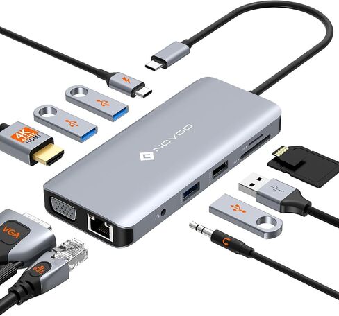 NOVOO USB C Hub, 11-in-1 Docking Station Multiport Adapter with 4K USB C to HDMI, VGA, Gigabit Ethernet, 100W PD, 3 USB-A 5 Gbps, MicroSD/SD Card Reader, Dock for Most Type-C Devices in Kuwait