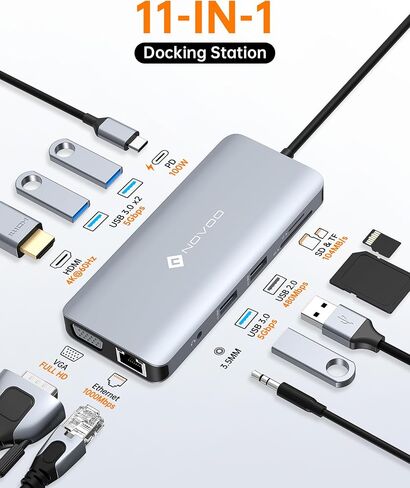 NOVOO USB C Hub, 11-in-1 Docking Station Multiport Adapter with 4K USB C to HDMI, VGA, Gigabit Ethernet, 100W PD, 3 USB-A 5 Gbps, MicroSD/SD Card Reader, Dock for Most Type-C Devices in Kuwait