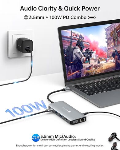 NOVOO USB C Hub, 11-in-1 Docking Station Multiport Adapter with 4K USB C to HDMI, VGA, Gigabit Ethernet, 100W PD, 3 USB-A 5 Gbps, MicroSD/SD Card Reader, Dock for Most Type-C Devices in Kuwait