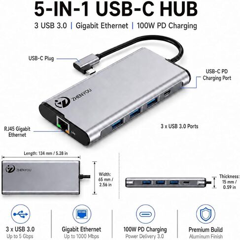 5 in 1 USB-C to Ethernet Adapter with 3 USB 3.0 Ports 5Gbps, Gigabit Ethernet, 100W PD Charging, Aluminum Multiport Docking Station for MacBook, iPad, Laptop, Desktop,Android Phone, Tablet in Kuwait