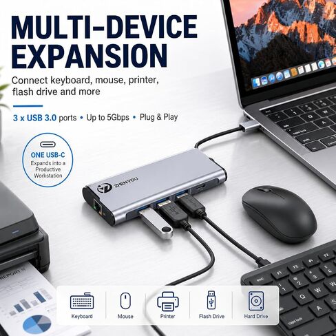 5 in 1 USB-C to Ethernet Adapter with 3 USB 3.0 Ports 5Gbps, Gigabit Ethernet, 100W PD Charging, Aluminum Multiport Docking Station for MacBook, iPad, Laptop, Desktop,Android Phone, Tablet in Kuwait