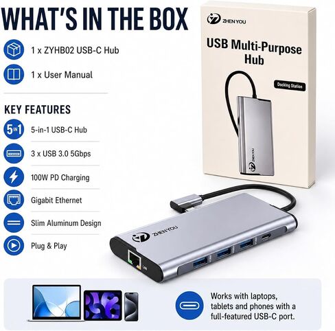 5 in 1 USB-C to Ethernet Adapter with 3 USB 3.0 Ports 5Gbps, Gigabit Ethernet, 100W PD Charging, Aluminum Multiport Docking Station for MacBook, iPad, Laptop, Desktop,Android Phone, Tablet in Kuwait