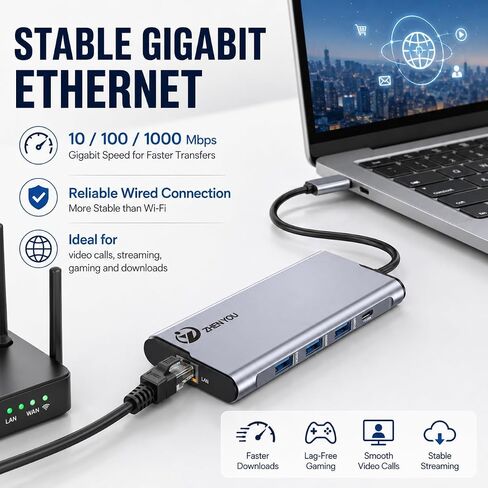 5 in 1 USB-C to Ethernet Adapter with 3 USB 3.0 Ports 5Gbps, Gigabit Ethernet, 100W PD Charging, Aluminum Multiport Docking Station for MacBook, iPad, Laptop, Desktop,Android Phone, Tablet in Kuwait