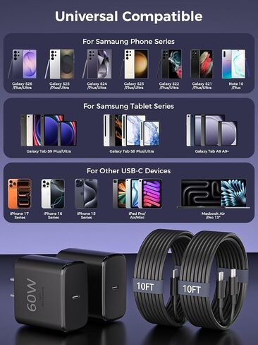 60W Super Fast Charger USB C for Samsung, 2Pack 10FT Type C Charging Cable in Kuwait