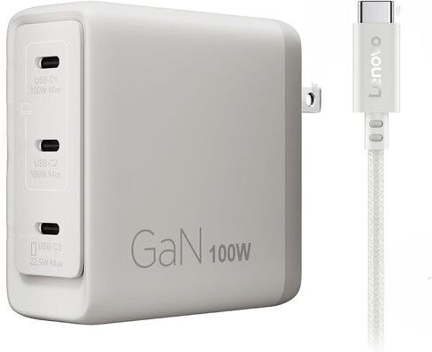 Lenovo Multi Port USB C 100W GaN Charger – Compact Fast Charging Wall Charger with 3 USB C Ports, Foldable Plug, Detachable 1.8m Cable, for Laptops, Tablets & Phones, Model CC100, Seashell in Kuwait