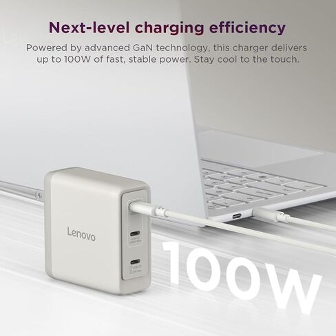 Lenovo Multi Port USB C 100W GaN Charger – Compact Fast Charging Wall Charger with 3 USB C Ports, Foldable Plug, Detachable 1.8m Cable, for Laptops, Tablets & Phones, Model CC100, Seashell in Kuwait