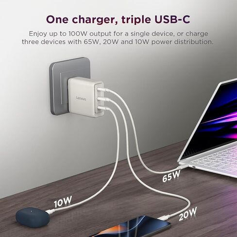 Lenovo Multi Port USB C 100W GaN Charger – Compact Fast Charging Wall Charger with 3 USB C Ports, Foldable Plug, Detachable 1.8m Cable, for Laptops, Tablets & Phones, Model CC100, Seashell in Kuwait