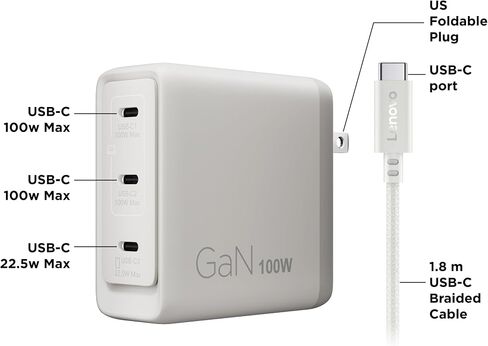 Lenovo Multi Port USB C 100W GaN Charger – Compact Fast Charging Wall Charger with 3 USB C Ports, Foldable Plug, Detachable 1.8m Cable, for Laptops, Tablets & Phones, Model CC100, Seashell in Kuwait