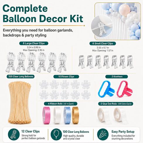 Balloon Arch Clips for Backdrop 12 Clear Spring Clamps with 100 Clear 260 Long Balloons Tie Tools Adhesive Dots and Ribbons for Wedding Birthday Party Photography Frame Decor in Kuwait