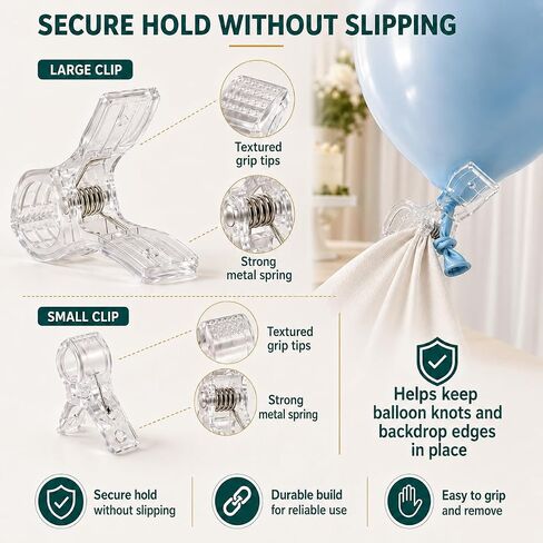 Balloon Arch Clips for Backdrop 12 Clear Spring Clamps with 100 Clear 260 Long Balloons Tie Tools Adhesive Dots and Ribbons for Wedding Birthday Party Photography Frame Decor in Kuwait