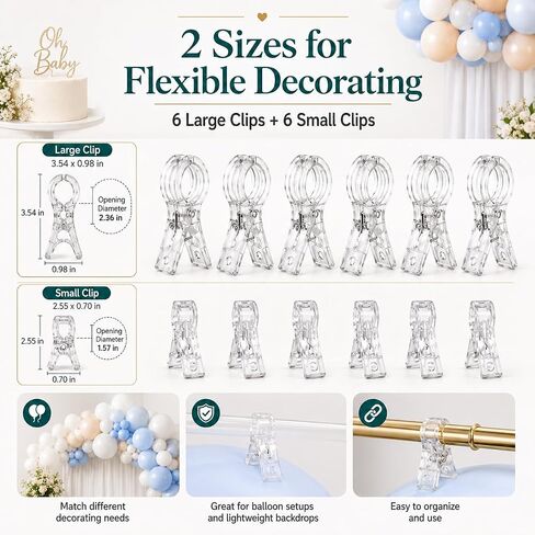 Balloon Arch Clips for Backdrop 12 Clear Spring Clamps with 100 Clear 260 Long Balloons Tie Tools Adhesive Dots and Ribbons for Wedding Birthday Party Photography Frame Decor in Kuwait