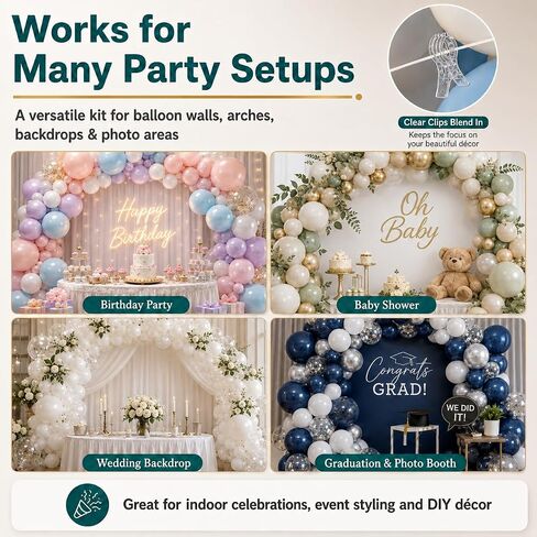 Balloon Arch Clips for Backdrop 12 Clear Spring Clamps with 100 Clear 260 Long Balloons Tie Tools Adhesive Dots and Ribbons for Wedding Birthday Party Photography Frame Decor in Kuwait