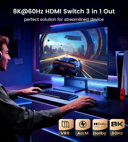 NEWCARE HDMI 2.1 Switch 3 in 1 Out 4K@120Hz, Aluminum 3 Ports HDMI Switcher Splitter with Remote, Supports 8K@60Hz 48Gbps HDR10+ 3D Dolby VRR HDCP 2.3 for TV PS5 Xbox Laptop Projector in Kuwait