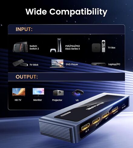 NEWCARE HDMI 2.1 Switch 3 in 1 Out 4K@120Hz, Aluminum 3 Ports HDMI Switcher Splitter with Remote, Supports 8K@60Hz 48Gbps HDR10+ 3D Dolby VRR HDCP 2.3 for TV PS5 Xbox Laptop Projector in Kuwait