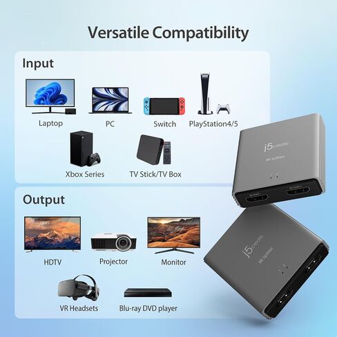 j5create 8K HDMI 2.1 2‑Way Splitter – Mirror HDMI to Two Displays in Kuwait