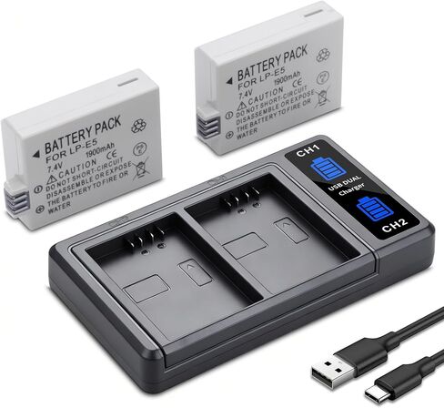 LP-E5 Batteries (2 Pack, 1900mAh) and Dual USB Charger Compatible with Canon EOS Rebel XS, Rebel T1i, Rebel XSi, 1000D, 500D, 450D, Kiss X3, Kiss X2, Kiss F in Kuwait
