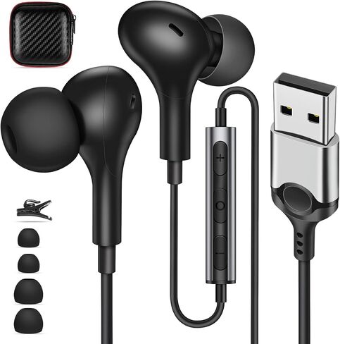 USB Earbuds with Microphone for PC Laptop,Wired USBA Headset,Black in Kuwait