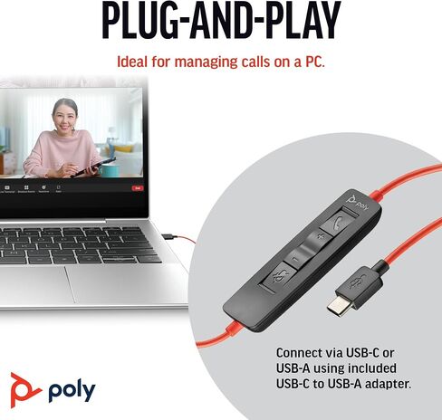 Poly Blackwire 3210 Wired Headset (Plantronics) - Noise-Canceling Mic - Single-Ear Design - Connect to PC/Mac via USB-C or USB-A - Works w/Teams, Zoom - Amazon Exclusive (Renewed) in Kuwait