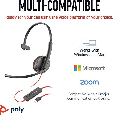 Poly Blackwire 3210 Wired Headset (Plantronics) - Noise-Canceling Mic - Single-Ear Design - Connect to PC/Mac via USB-C or USB-A - Works w/Teams, Zoom - Amazon Exclusive (Renewed) in Kuwait