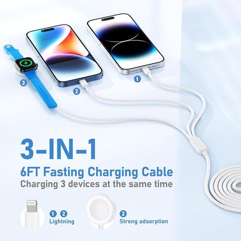 for Apple Watch Charger Fast Charging,3 in 1 Multi Charger Lightning Cable,iWatch Charger Cord 6FT for iWatch Ultra3/2/1/SE 3/2 Series 11/10/9/8/7/6/5/4,for iPhone14/13/12/11/10 Pro/Pro Max/Plus in Kuwait
