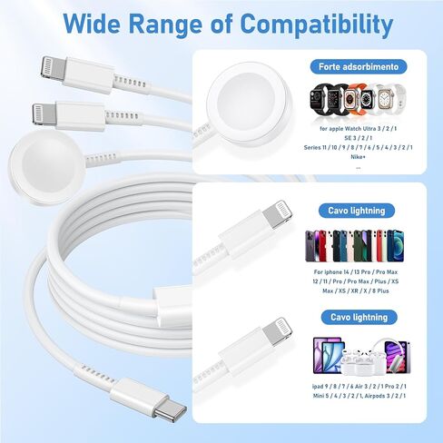 for Apple Watch Charger Fast Charging,3 in 1 Multi Charger Lightning Cable,iWatch Charger Cord 6FT for iWatch Ultra3/2/1/SE 3/2 Series 11/10/9/8/7/6/5/4,for iPhone14/13/12/11/10 Pro/Pro Max/Plus in Kuwait