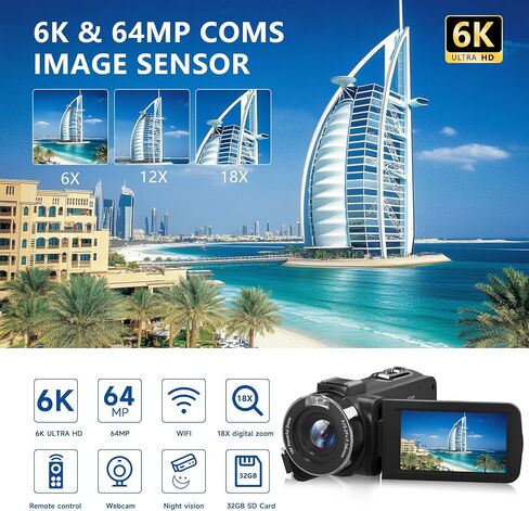 Video Camera 6K 64MP UHD WiFi Vlogging Cameras for YouTube with 32GB Card in Kuwait