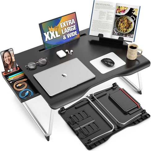 Cooper Mega Table Plus Premium XXL Extra Large Laptop Desk for Bed, Table for Laptop in Bed, Desk for Floor | Portable, Folding Legs, Book Stand, Tablet Groove, Drawer, Extra Wide Surface (White Oak) in Kuwait