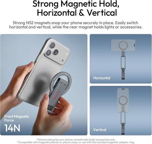 Ulanzi MA62 Magnetic Phone Tripod for MagSafe, Aluminum Pocket Tripod with Hidden Hook & 1/4" Screw Hole, Foldable Magnetic Phone Stand for iPhone 17/16/15/14 Pro Max, Travel & Vlog Daily Essentials in Kuwait