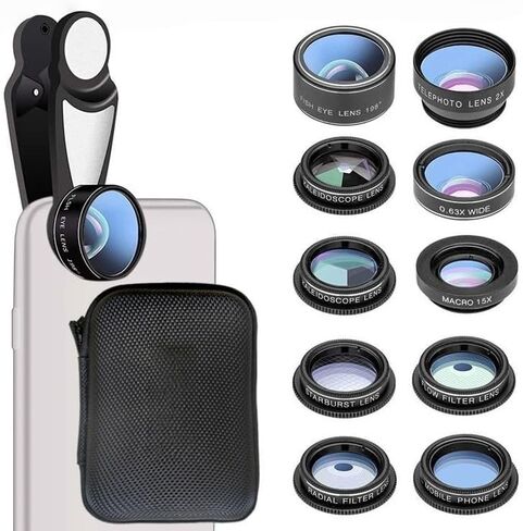 10 in 1 Phone Camera Lens Kit, Clip on Fisheye/Macro/Wide Angle Lens Attachment with Travel Case for iPhone Android in Kuwait