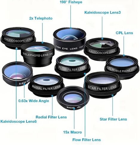 10 in 1 Phone Camera Lens Kit, Clip on Fisheye/Macro/Wide Angle Lens Attachment with Travel Case for iPhone Android in Kuwait