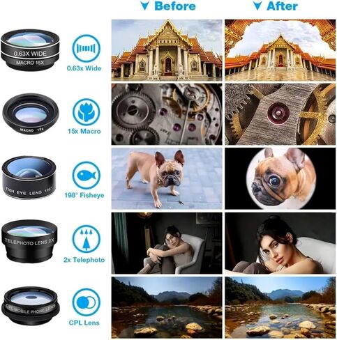 10 in 1 Phone Camera Lens Kit, Clip on Fisheye/Macro/Wide Angle Lens Attachment with Travel Case for iPhone Android in Kuwait