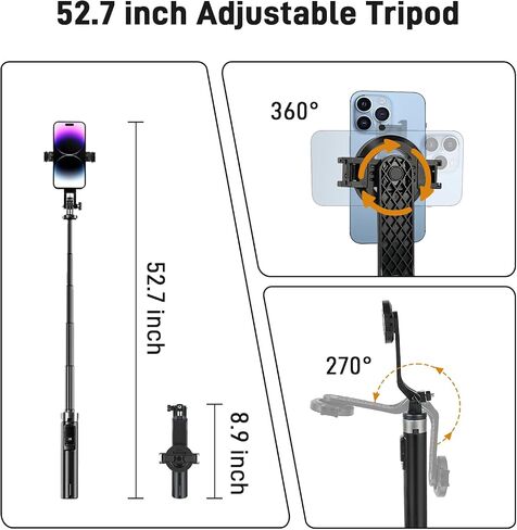 WOVTE Magnetic Selfie Stick Tripod with 2 LED Lights, 52" Tripod for iPhone with Rechargeable Remote, Portable Selfie Stick Compatible with iPhone 16/15/14/13/12 Series, Gopro and Cameras in Kuwait